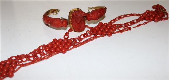 A 19th century pinchbeck mounted carved coral bracelet, 15.25in.